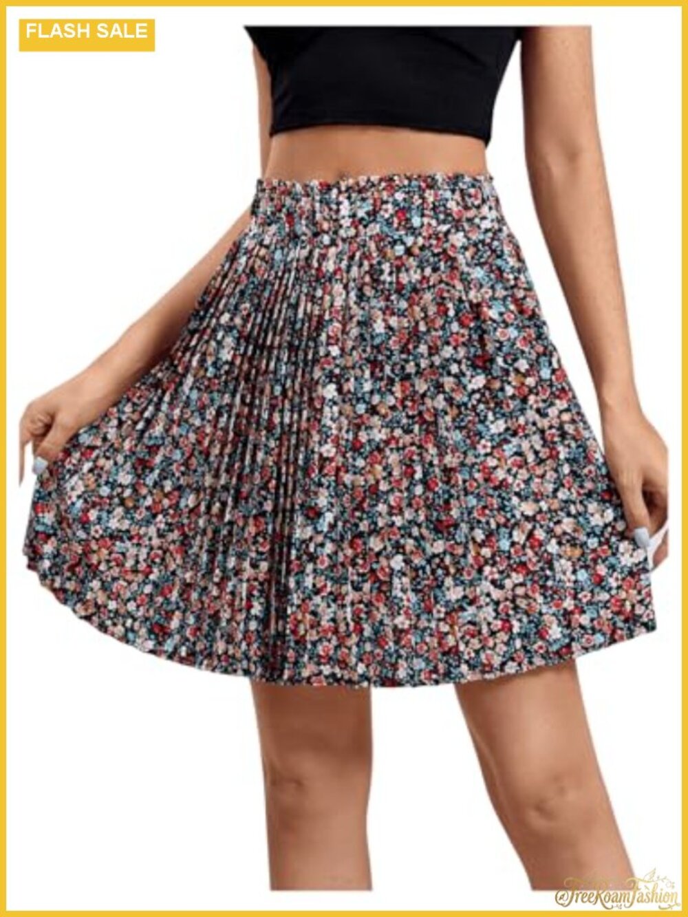 High Waist Pleated Mini Skater Skirt Flared A-Line Floral Short Skirt
